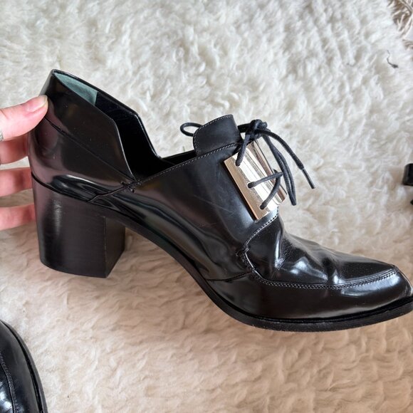 Jason Wu Black Patent Leather Lace-Up Heels Silver Hardware Chunky Heel 7.5 - Picture 6 of 7